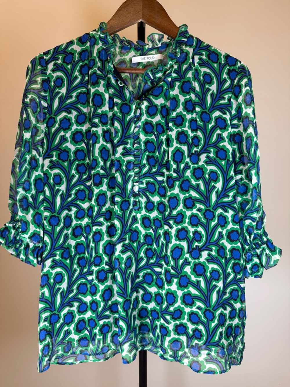 The Fold London Floral Silk Blouse Ruffle Collar 3/4 Sleeve | Size 6
